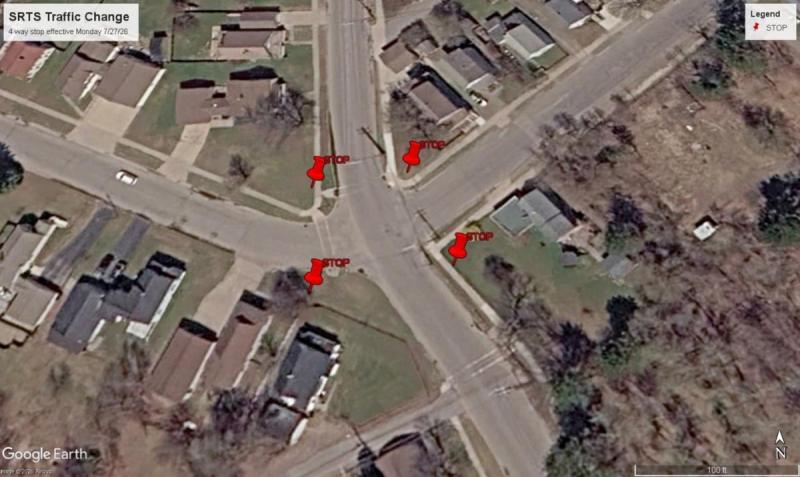 four way stop at s. baldwin, n. brown., cherry st., and mitchell st.