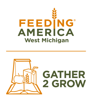 Feeding America West Michigan logo in gold and green, above the paperbag lunch and open book logo of Gather 2 Grow